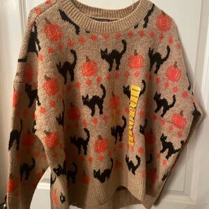 Vince Camuto Tan Sweater with Black Cats and Orange Pumpkins